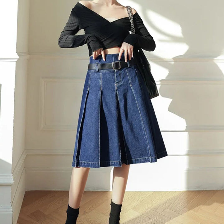 Rosie Traditional Skirt – High-Waisted Pleated Denim A-Line Skirt-S-State of Style