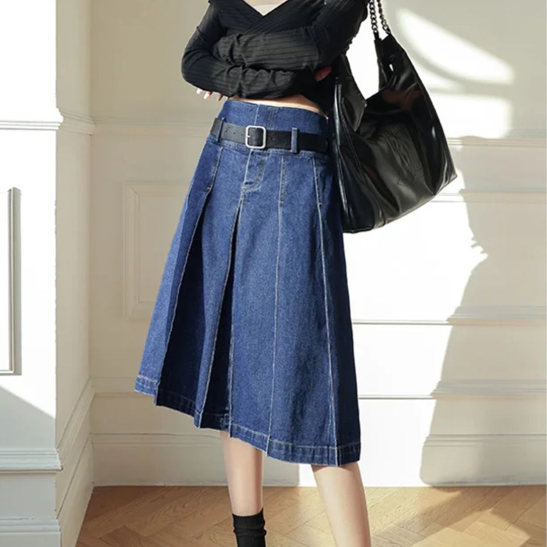 Rosie Traditional Skirt – High-Waisted Pleated Denim A-Line Skirt-S-State of Style
