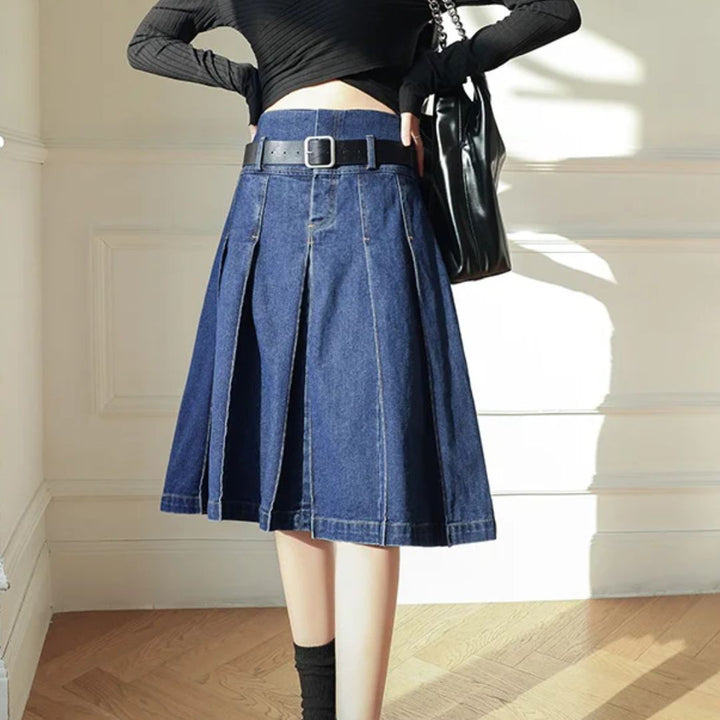 Rosie Traditional Skirt – High-Waisted Pleated Denim A-Line Skirt-S-State of Style