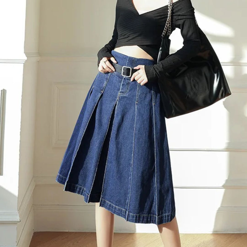 Rosie Traditional Skirt – High-Waisted Pleated Denim A-Line Skirt-S-State of Style