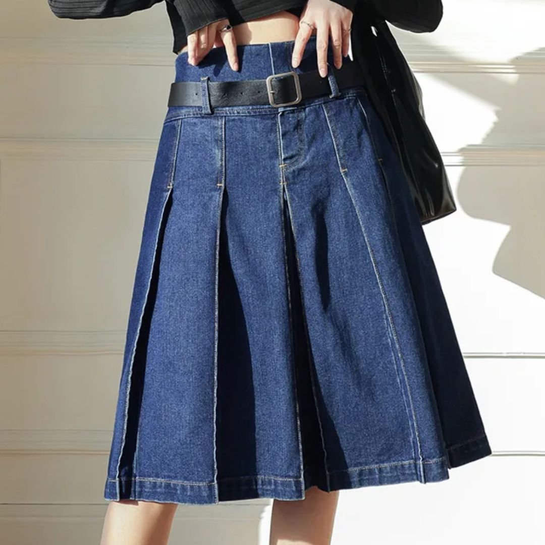 Rosie Traditional Skirt – High-Waisted Pleated Denim A-Line Skirt-S-State of Style