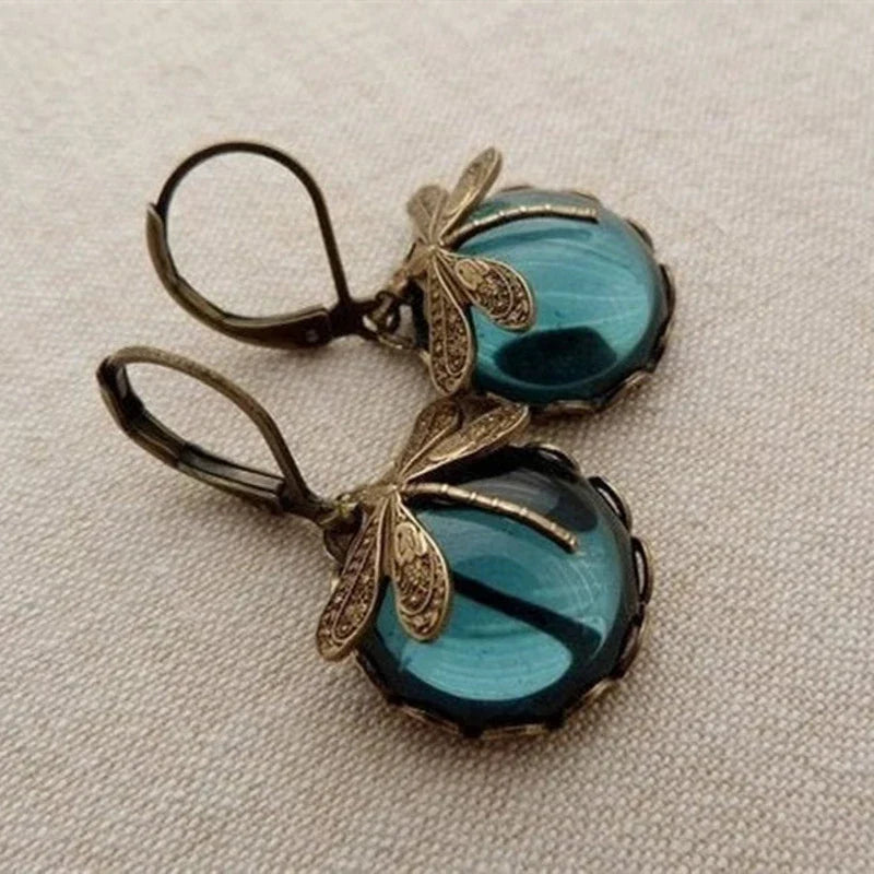 Round Antique Gold Dragonfly Earrings - Elyse-Blue-State of Style