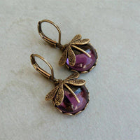Round Antique Gold Dragonfly Earrings - Elyse-Purple-State of Style