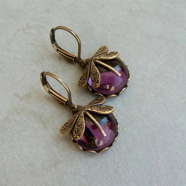 Round Antique Gold Dragonfly Earrings - Elyse-Purple-State of Style