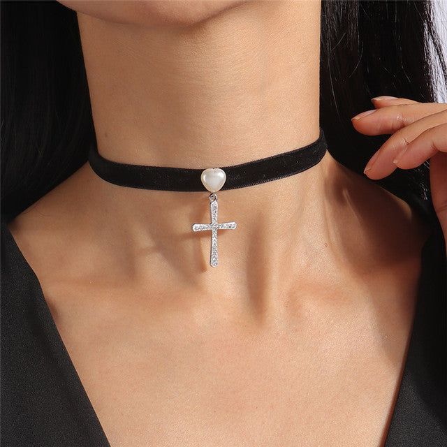 Royal Round Velvet Choker Necklace-Cross-State of Style