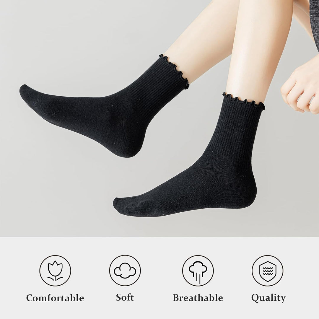 Ruffled Cotton Ankle Socks - Lisa-3 White 3 Black-State of Style