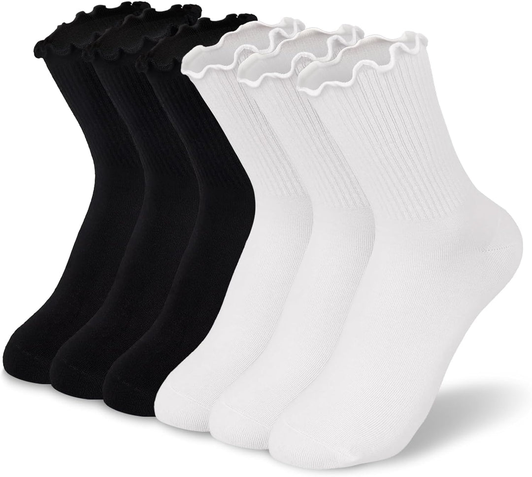 Ruffled Cotton Ankle Socks - Lisa-3 White 3 Black-State of Style