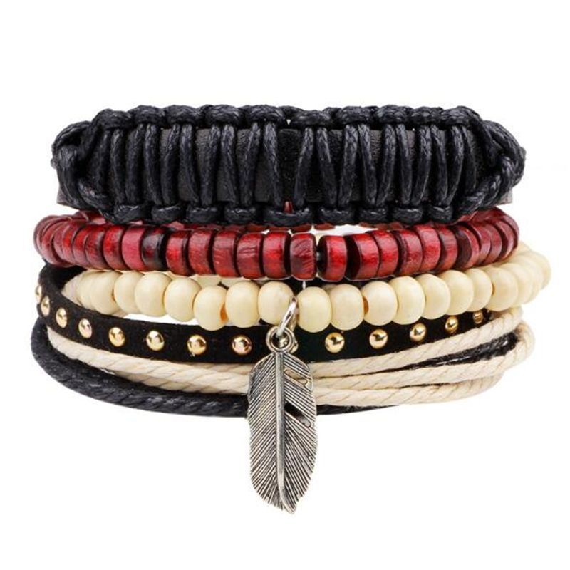 STYLISH 4-PIECE WOOD AND LEATHER BRACELET SET