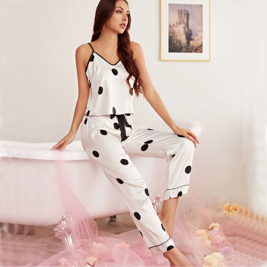 Sabrina Satin Pyjama Set – Silky Soft Sleepwear with Polka Dot Tank-White-S-State of Style