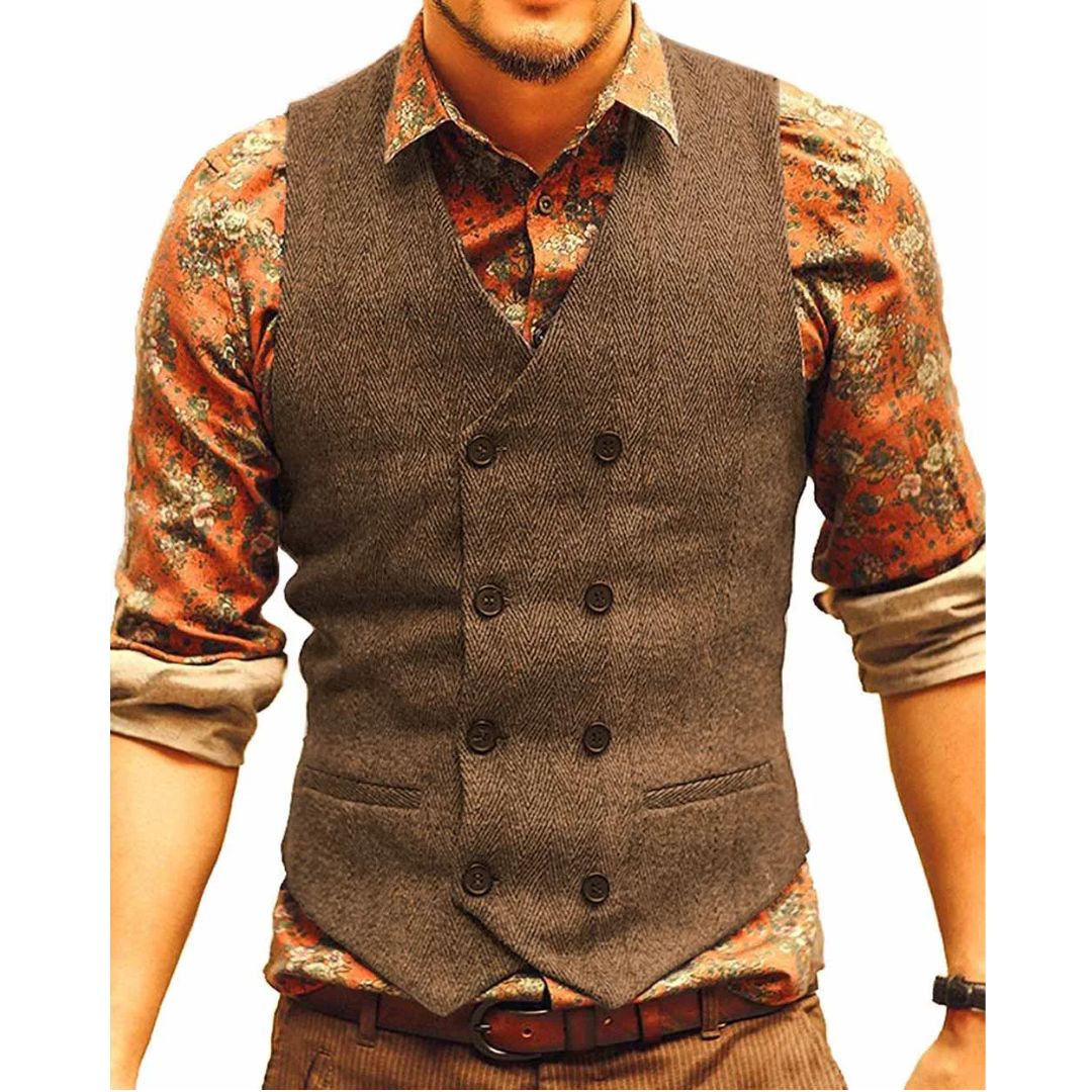 Samuel Traditional Vest – Houndstooth Wool Waistcoat with V-Neck-Brown-XS-State of Style