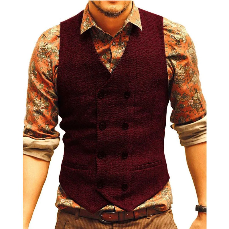 Samuel Traditional Vest – Houndstooth Wool Waistcoat with V-Neck-Burgundy-XS-State of Style