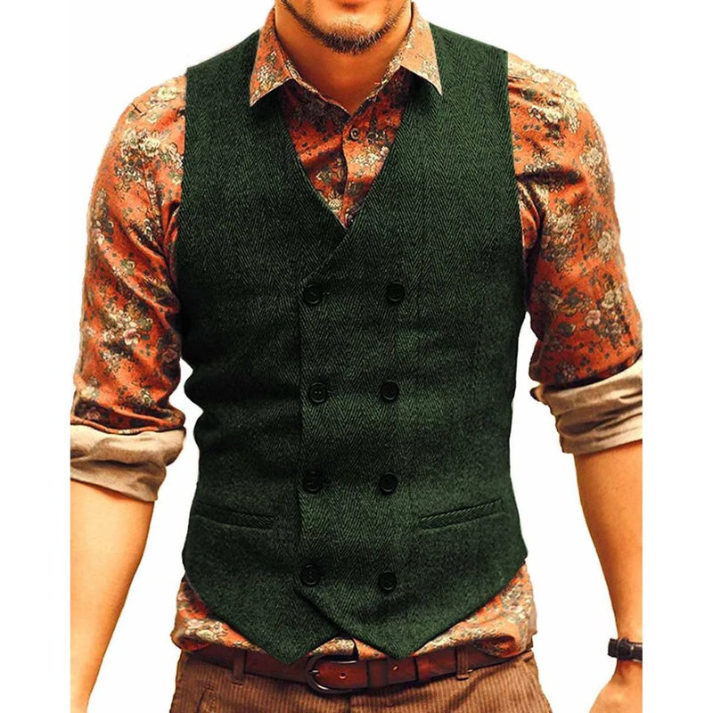 Samuel Traditional Vest – Houndstooth Wool Waistcoat with V-Neck-Green-XS-State of Style