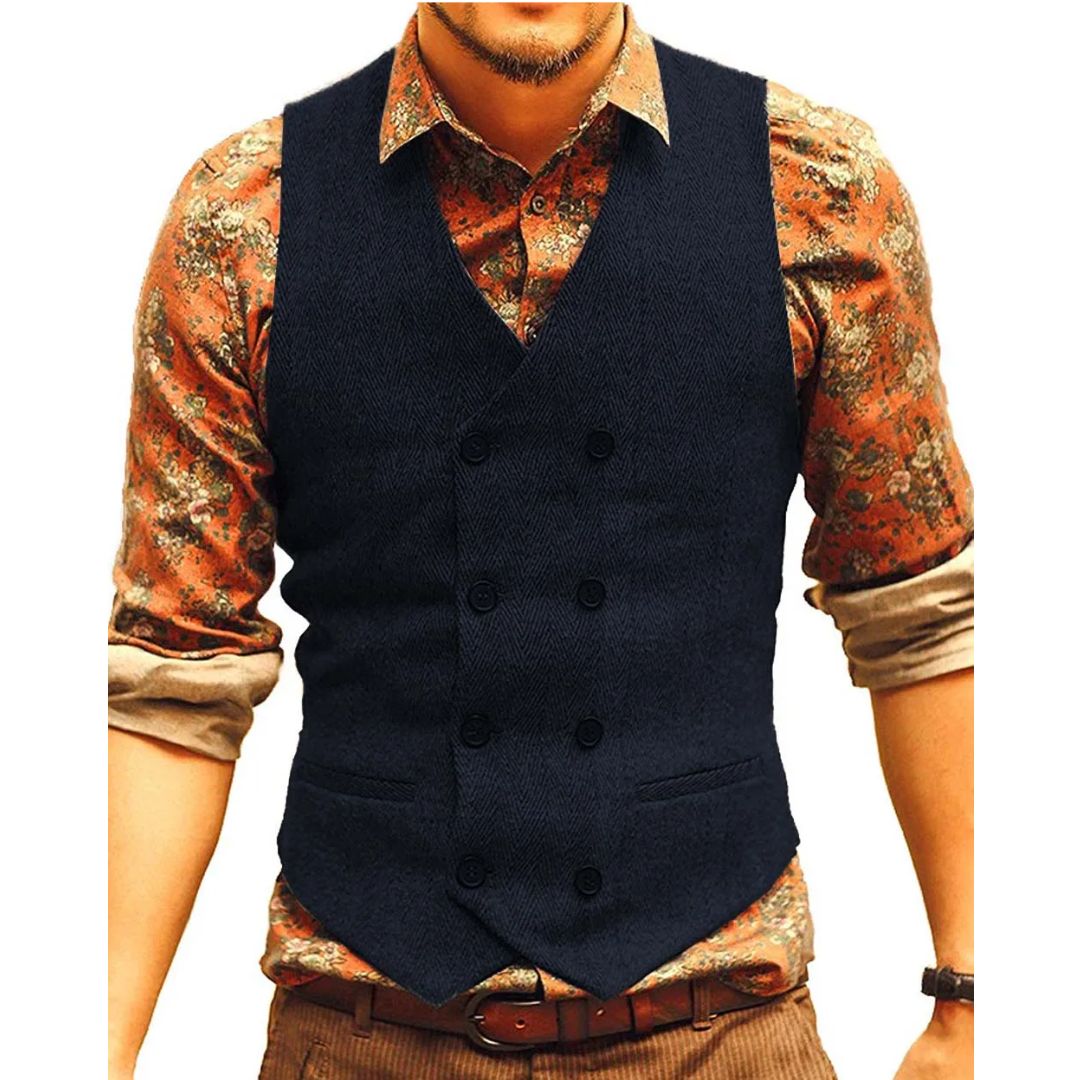 Samuel Traditional Vest – Houndstooth Wool Waistcoat with V-Neck-Navy Blue-XS-State of Style