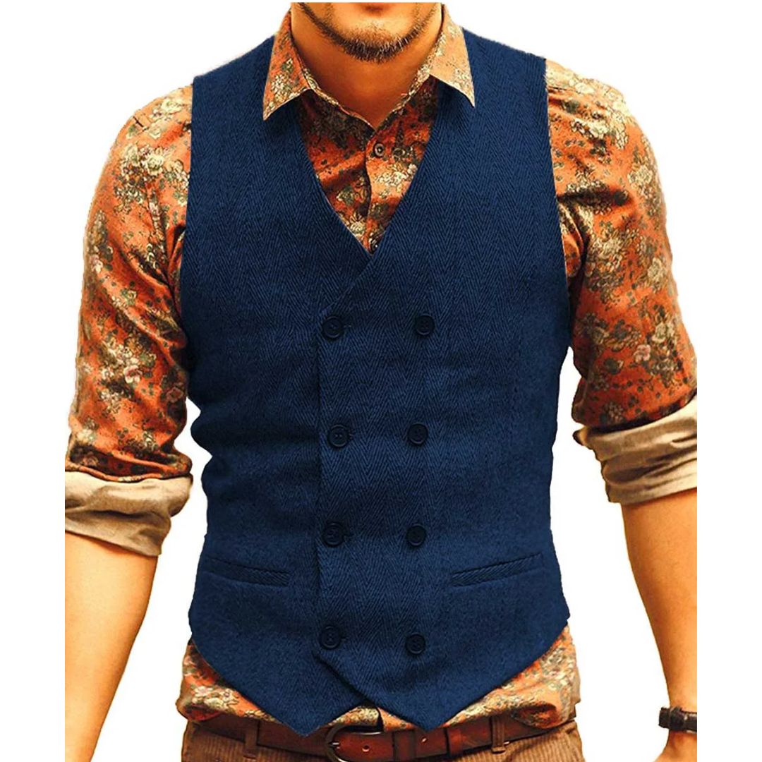 Samuel Traditional Vest – Houndstooth Wool Waistcoat with V-Neck-Royal Blue-XS-State of Style