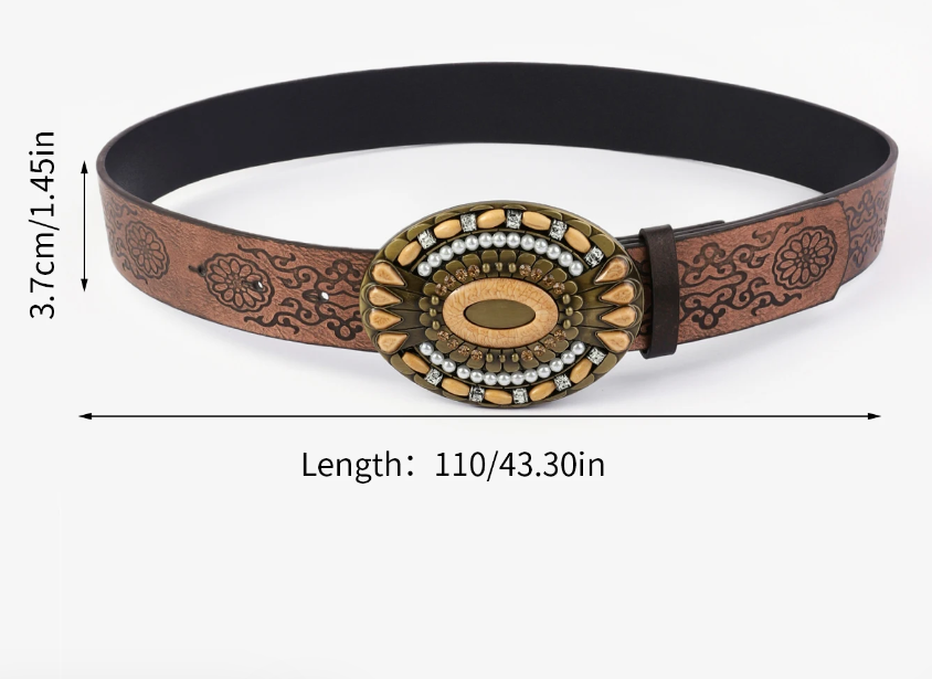 Sarah Traditional Belt – Ethnic Print PU Leather Belt with Alloy Buckle-Black-State of Style