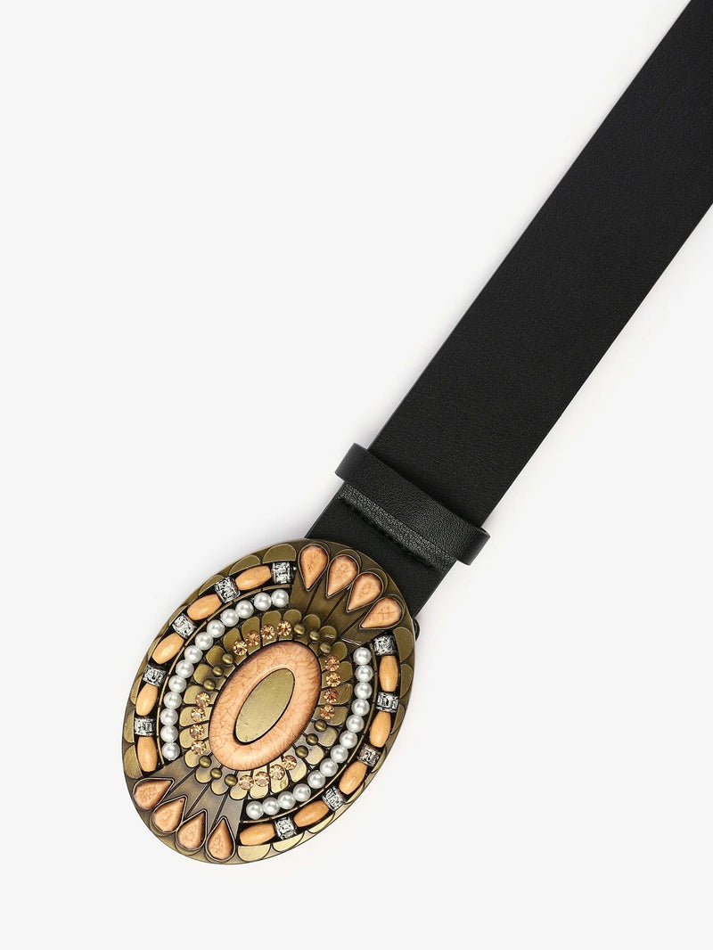 Sarah Traditional Belt – Ethnic Print PU Leather Belt with Alloy Buckle-Black-State of Style