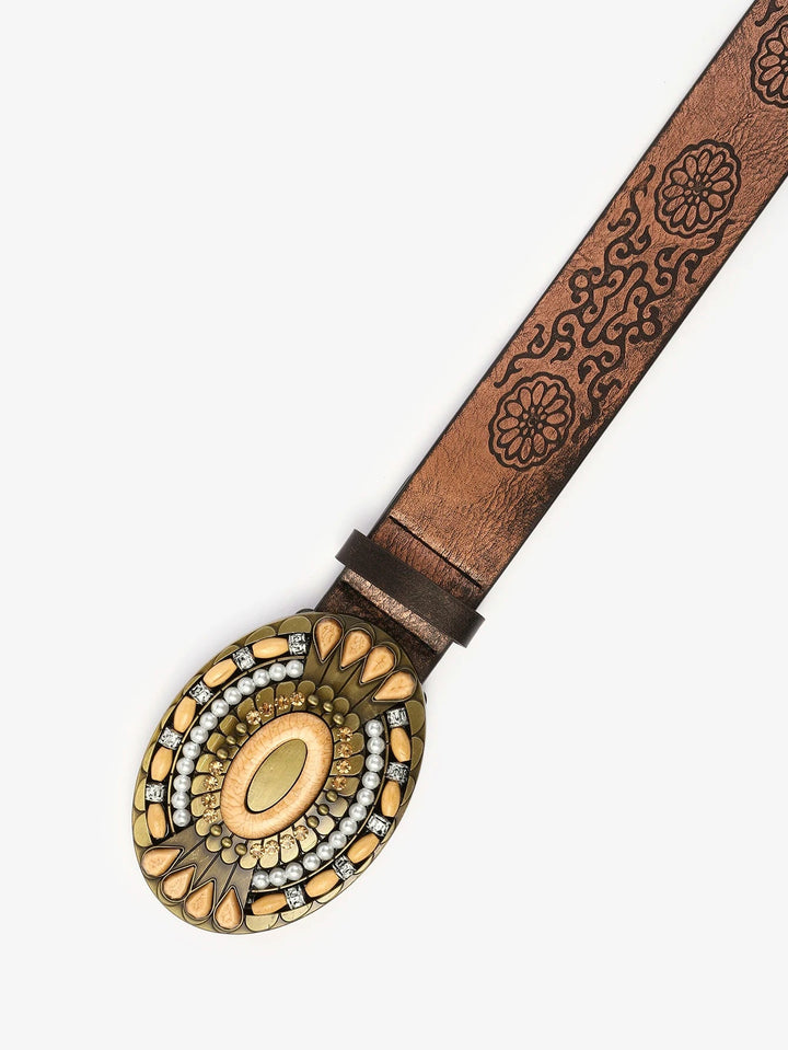Sarah Traditional Belt – Ethnic Print PU Leather Belt with Alloy Buckle-Camel-State of Style