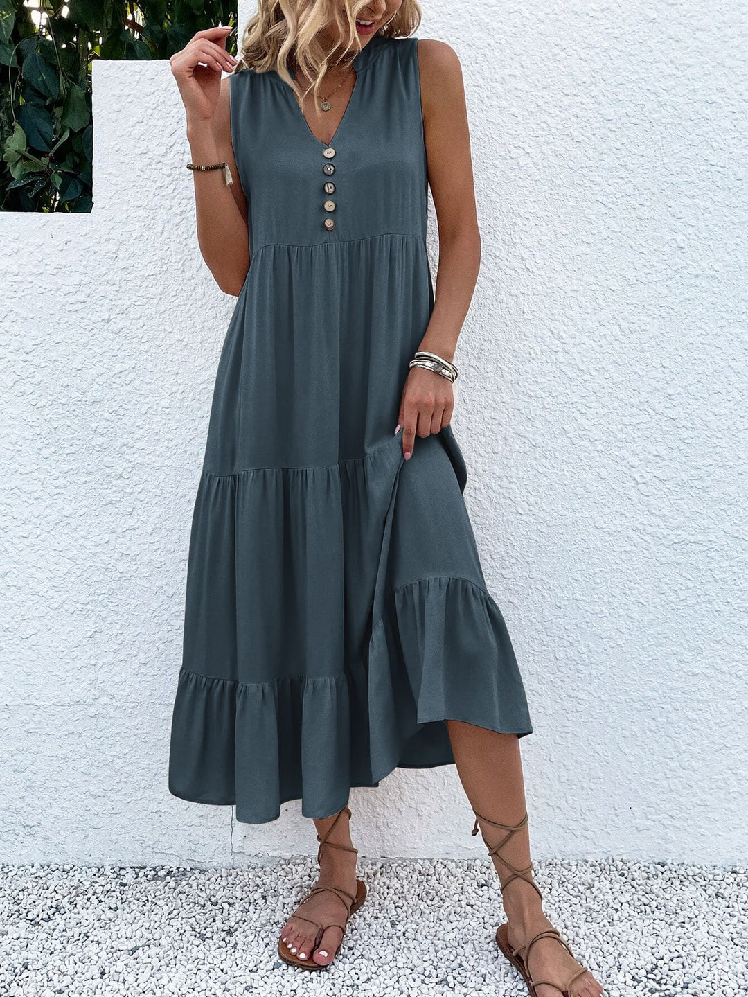 Saskia Radiant Summer Dress with Tiered Hem and Buttons-Dark Gray-S-State of Style