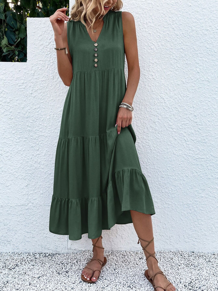 Saskia Radiant Summer Dress with Tiered Hem and Buttons-Green-S-State of Style