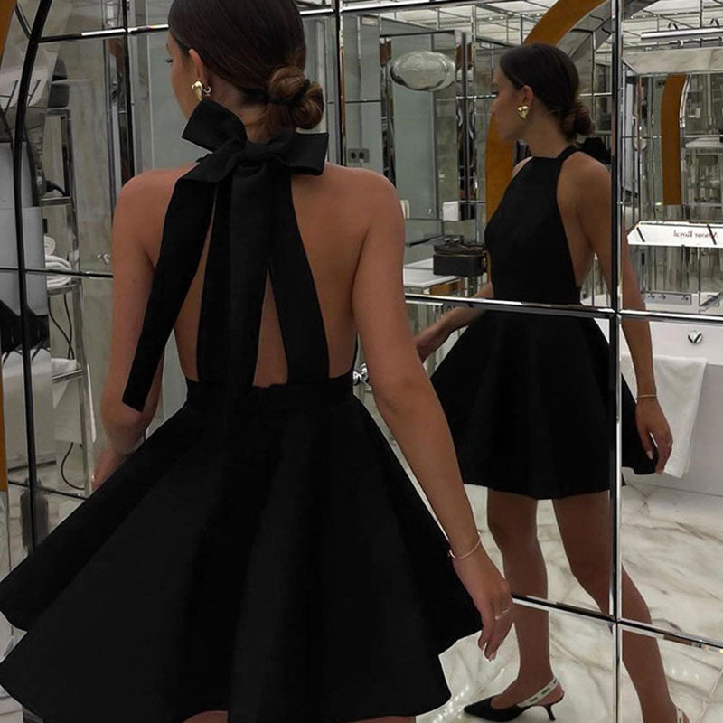 Satin Cocktail Dress with Flared Cut - Valeria-Black-XS-State of Style