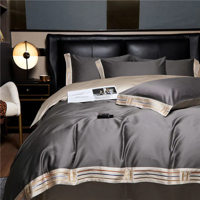 Satin Cotton Embroidered Bedding Set - Luxora-Grey-135x200cm-40x40cm-State of Style