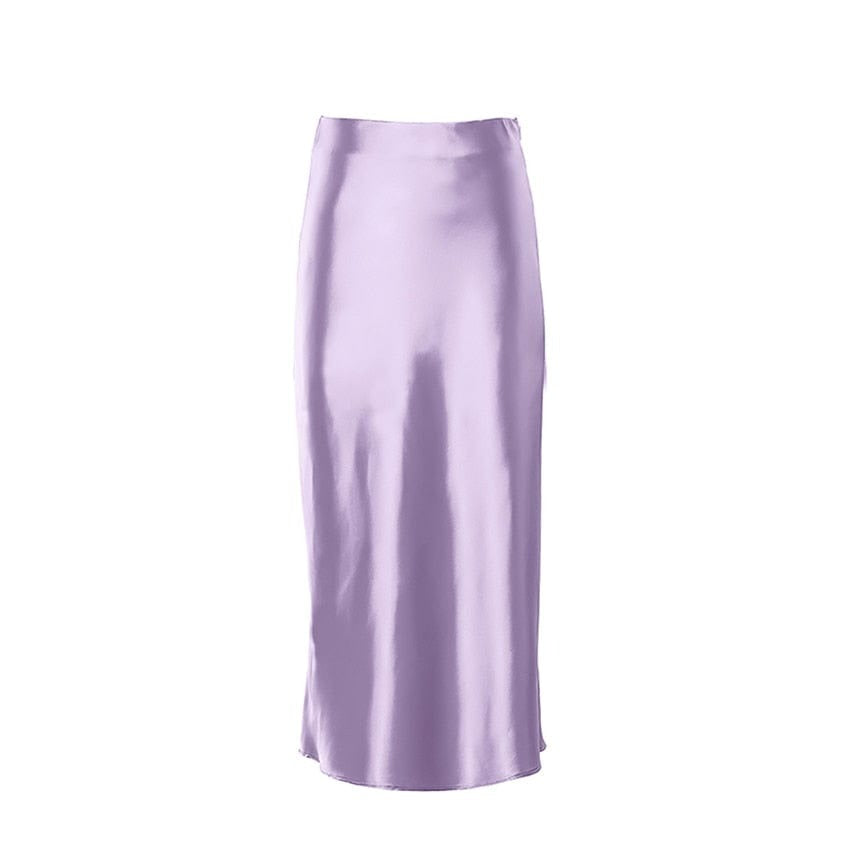 Satin shimmering women's midi skirt in A-line with high waist – Liora-Purple-S-State of Style