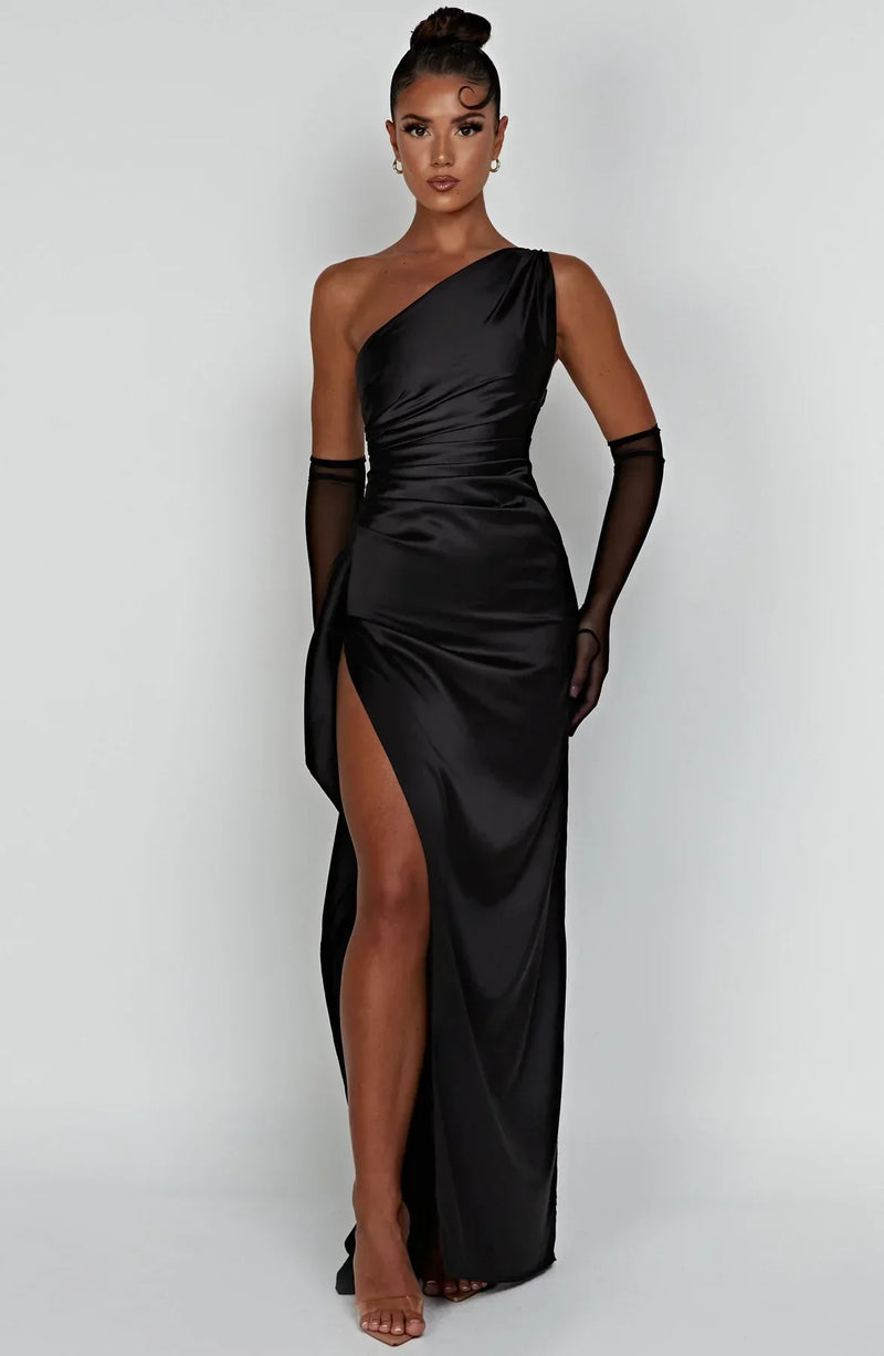 Satin Split Dress with One Shoulder - Vivienne-Black-XS-State of Style