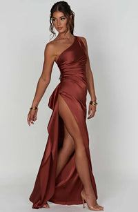 Satin Split Dress with One Shoulder - Vivienne-Dark pink-XS-State of Style