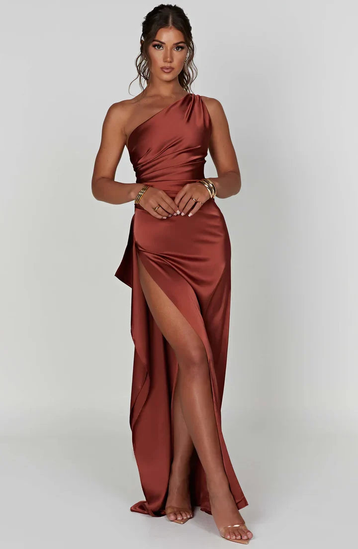 Satin Split Dress with One Shoulder - Vivienne-Red-XS-State of Style