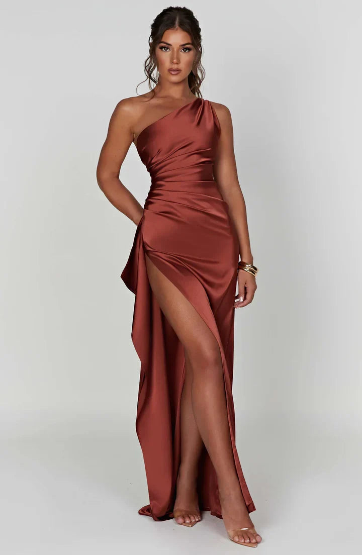 Satin Split Dress with One Shoulder - Vivienne-Red-XS-State of Style