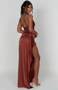 Satin Split Dress with One Shoulder - Vivienne-Red-XS-State of Style