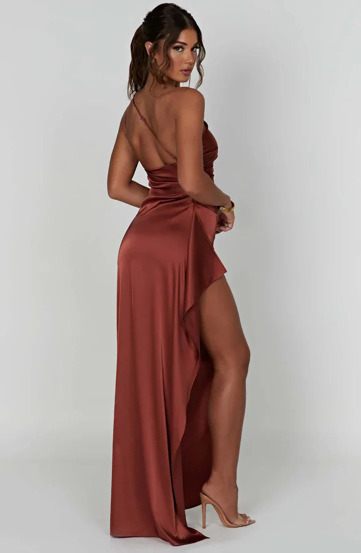 Satin Split Dress with One Shoulder - Vivienne-Red-XS-State of Style
