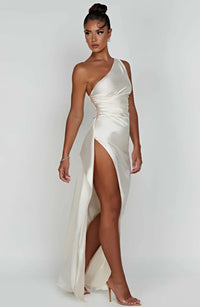 Satin Split Dress with One Shoulder - Vivienne-Red-XS-State of Style