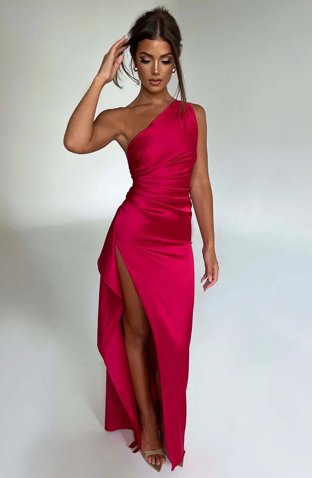 Satin Split Dress with One Shoulder - Vivienne-Red-XS-State of Style
