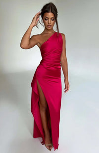 Satin Split Dress with One Shoulder - Vivienne-Red-XS-State of Style