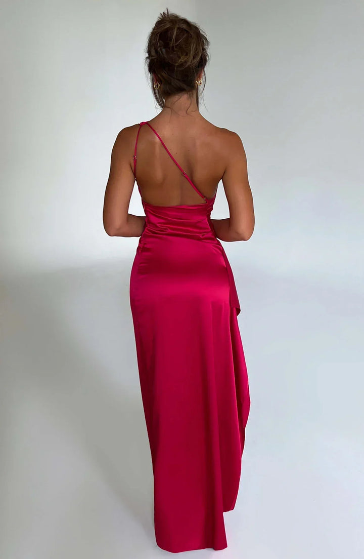 Satin Split Dress with One Shoulder - Vivienne-Red-XS-State of Style