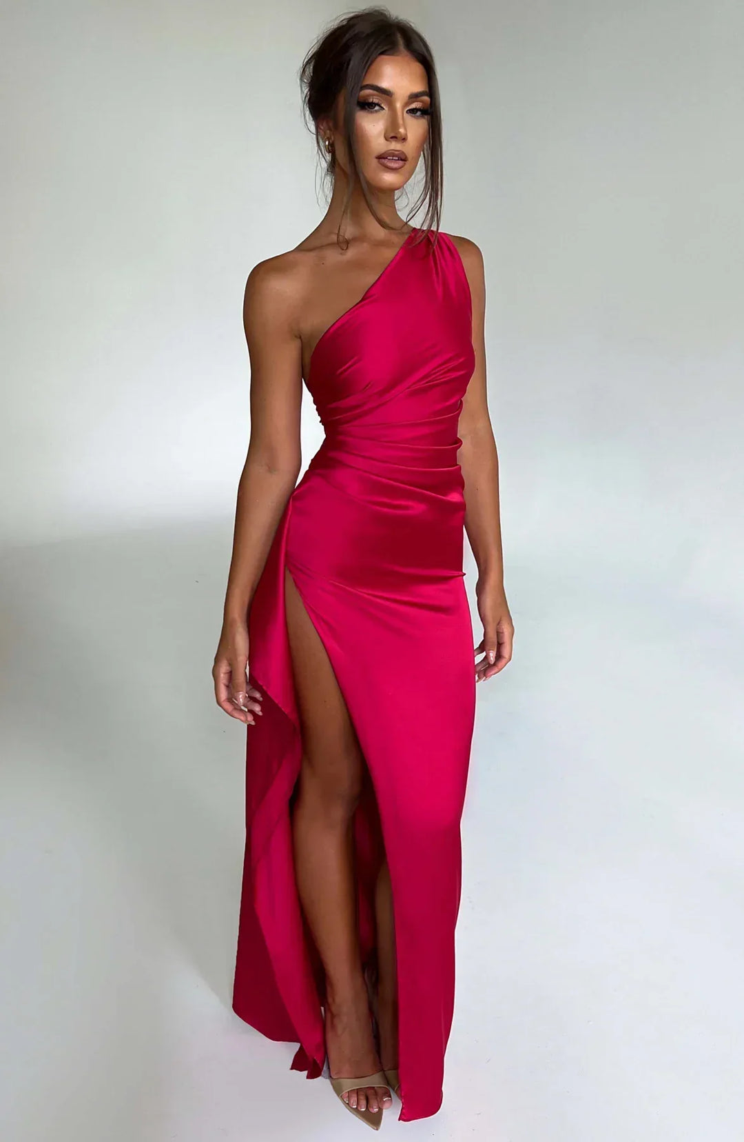 Satin Split Dress with One Shoulder - Vivienne-Red-XS-State of Style