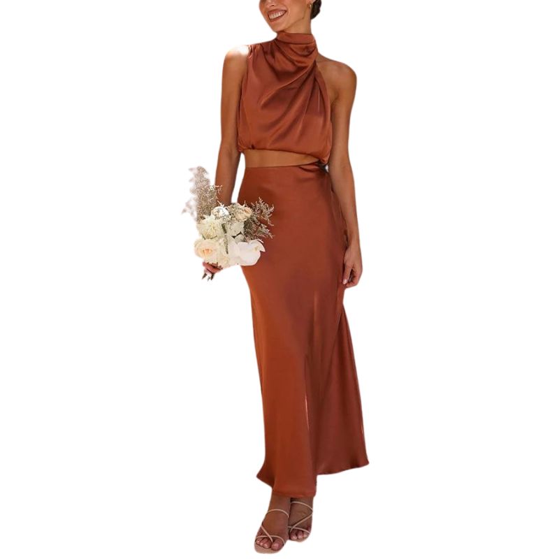 Satin two-piece set with skirt – Lina-Brown-S-State of Style