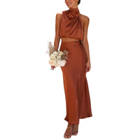 Satin two-piece set with skirt – Lina-Brown-S-State of Style