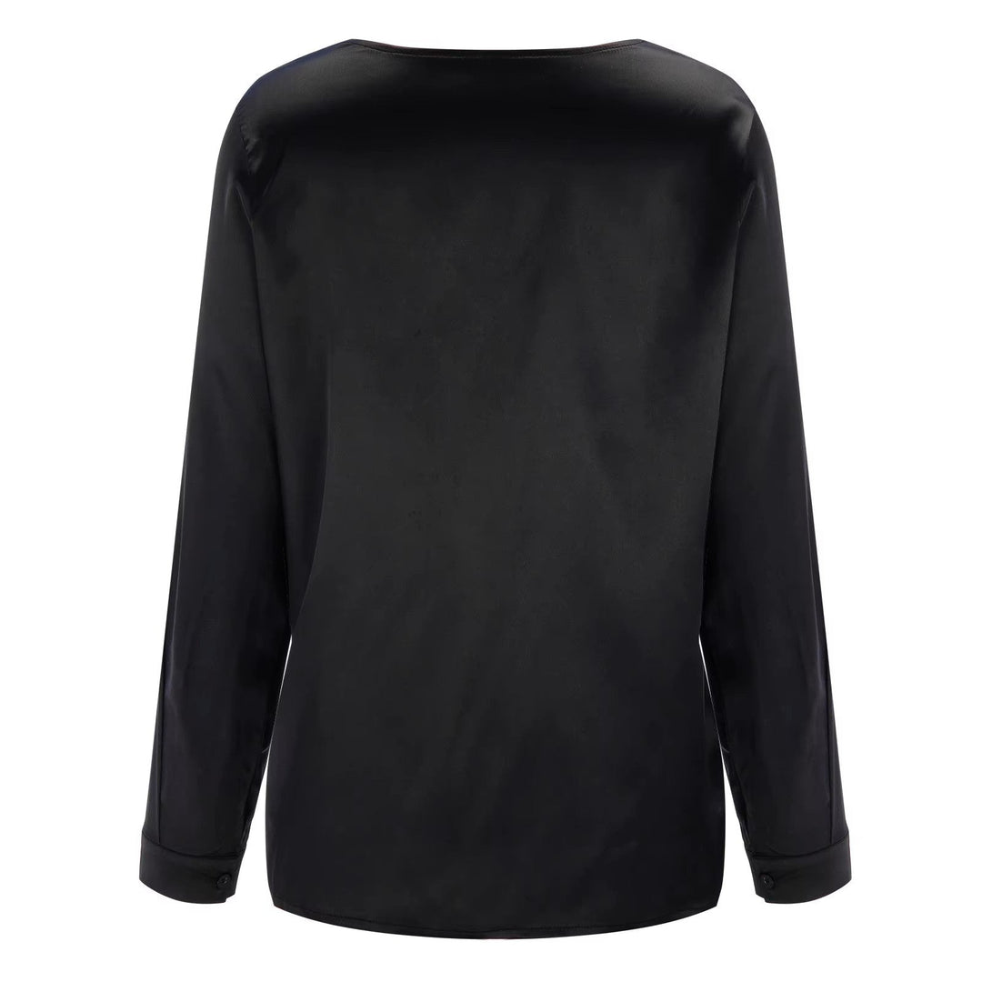 Satin women's shirt with deep V-neck & long sleeves – Daria-Black-S-State of Style