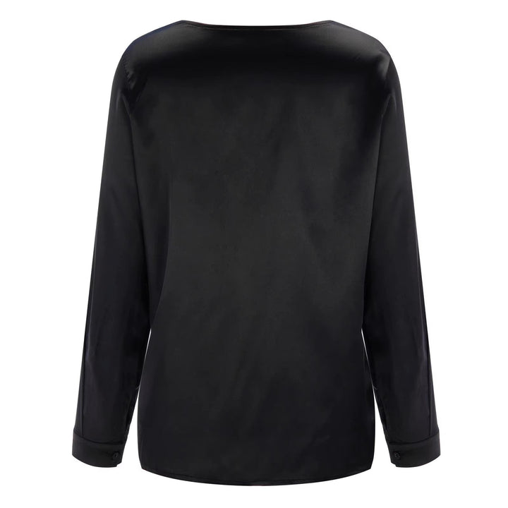 Satin women's shirt with deep V-neck & long sleeves – Daria-Black-S-State of Style