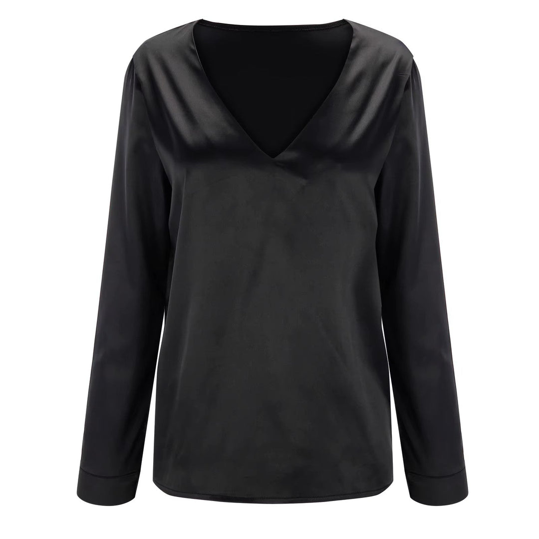 Satin women's shirt with deep V-neck & long sleeves – Daria-Black-S-State of Style