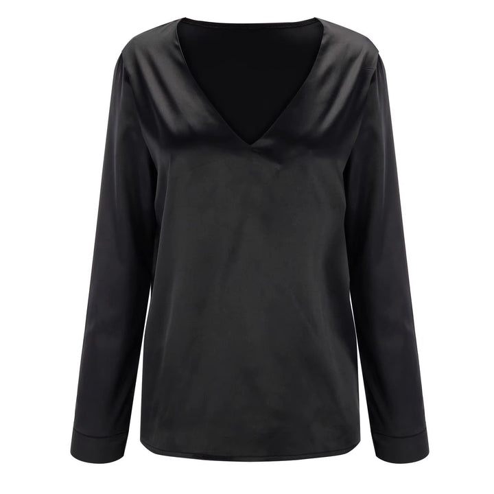 Satin women's shirt with deep V-neck & long sleeves – Daria-Black-S-State of Style
