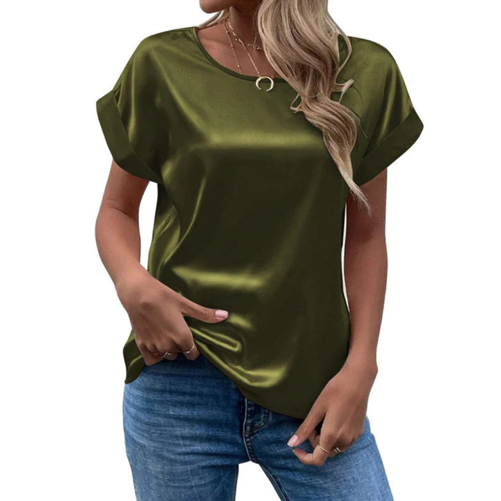 Satinated trend shirt with a loose fit for women – Leona-Olive green-S-State of Style