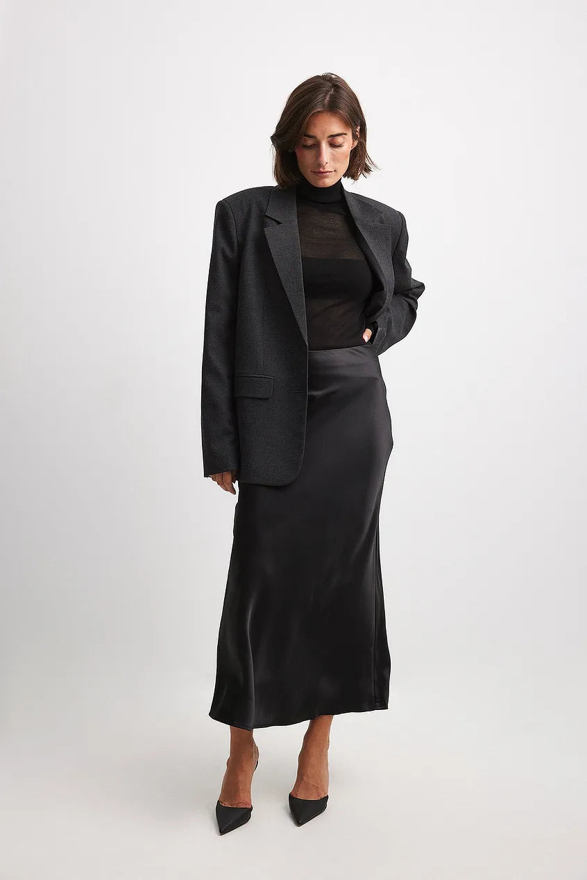 Satinette ladies' skirt with high waist – Elena-S-Black-State of Style