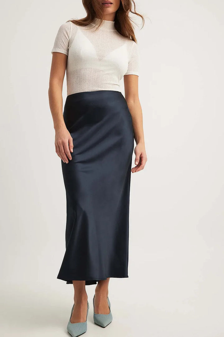 Satinette ladies' skirt with high waist – Elena-S-Dark blue-State of Style