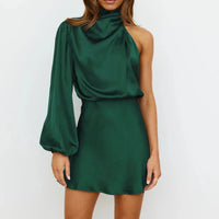 Satinised Women's Mini Dress with One-Shoulder Design & Asymmetrical Sleeve – Elvira-Green-XS-State of Style
