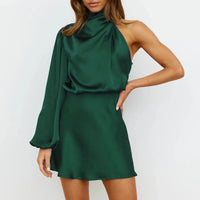 Satinised Women's Mini Dress with One-Shoulder Design & Asymmetrical Sleeve – Elvira-Pink-XS-State of Style