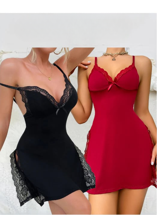 Seductive lace nightgown with V-neck – Loreen-Black+Red-S-State of Style