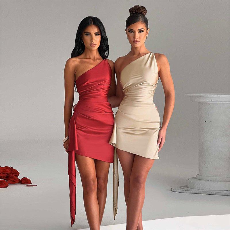 Seductive One-Shoulder Mini Dress – Aurora-Beige-S-State of Style